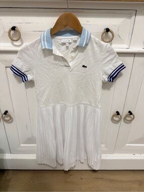 Lacoste White Pleated Polo Dress with Light Blue Collar and Navy Trim, Sz 10